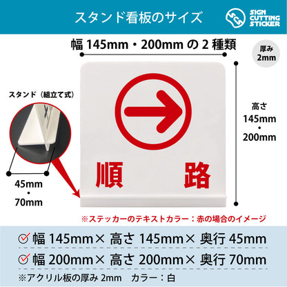 順路_右 スタンド看板 寸法図 幅145mm・200mm 奥行45mm・70mm 厚み2mm 組み立て式