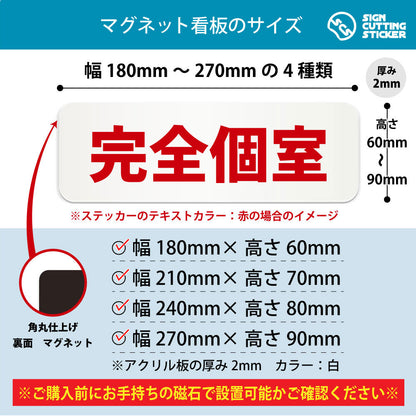 完全個室 横長マグネット看板 寸法図 幅180〜270mm 高さ60〜90mm 厚み2mm 裏面マグネット