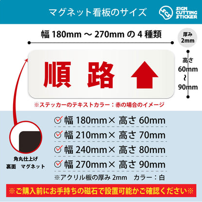 順路↑ 横長マグネット看板 寸法図 幅180〜270mm 高さ60〜90mm 厚み2mm 裏面マグネット