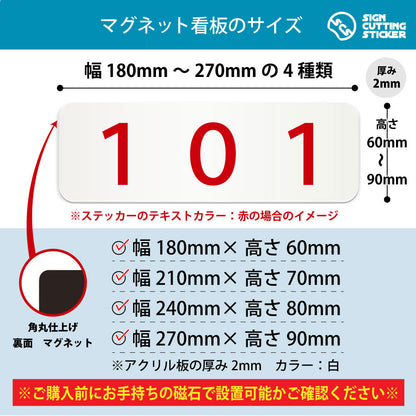 101 部屋番号 横長マグネット看板 寸法図 幅180〜270mm 高さ60〜90mm 厚み2mm 裏面マグネット