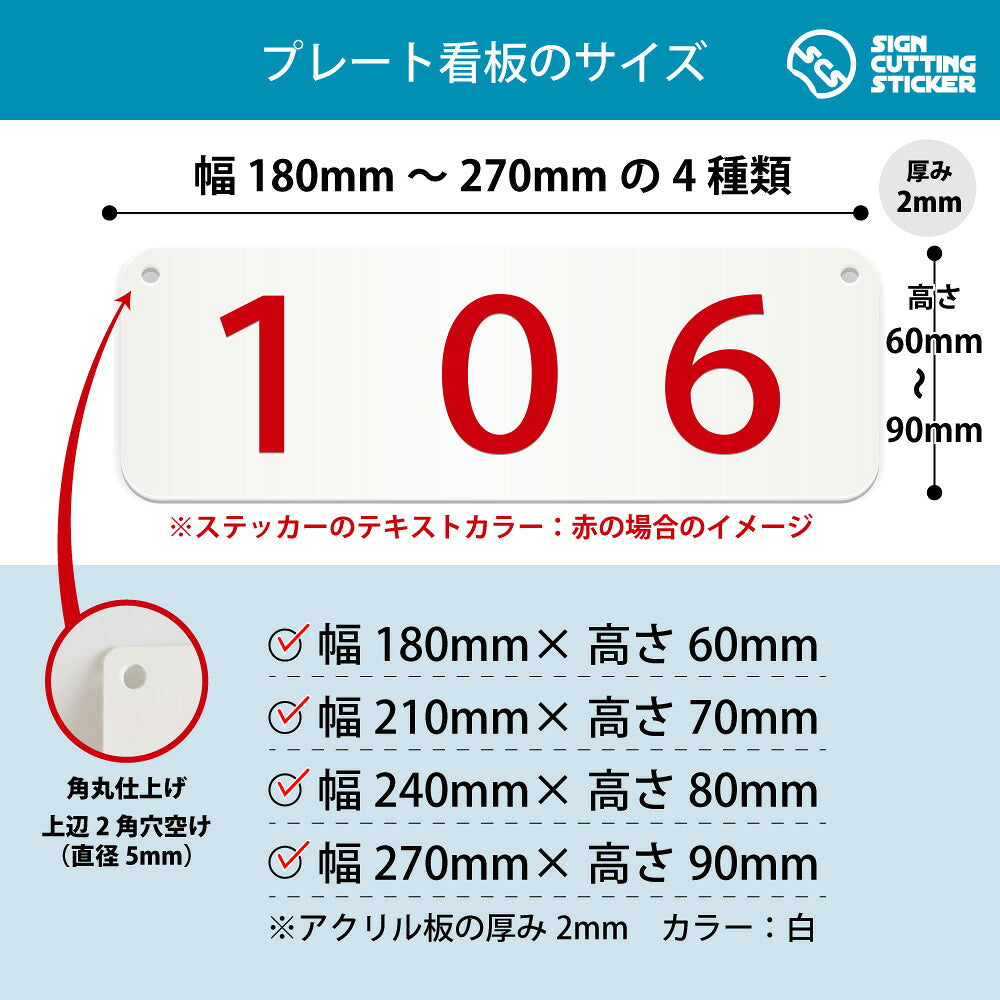 106部屋番号 横長プレート看板 寸法図 幅180〜270mm 高さ60〜90mm 厚み2mm 角丸・穴あけ加工済み