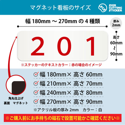 201 部屋番号 横長マグネット看板 寸法図 幅180〜270mm 高さ60〜90mm 厚み2mm 裏面マグネット