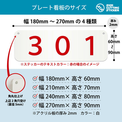 301部屋番号 横長プレート看板 寸法図 幅180〜270mm 高さ60〜90mm 厚み2mm 角丸・穴あけ加工済み