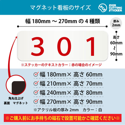 301 部屋番号 横長マグネット看板 寸法図 幅180〜270mm 高さ60〜90mm 厚み2mm 裏面マグネット