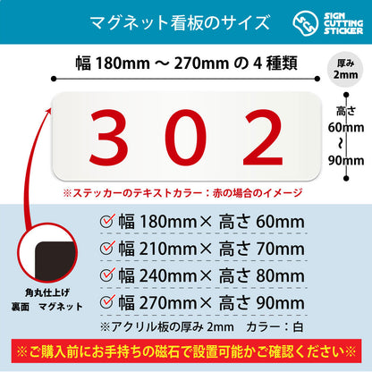 302 部屋番号 横長マグネット看板 寸法図 幅180〜270mm 高さ60〜90mm 厚み2mm 裏面マグネット