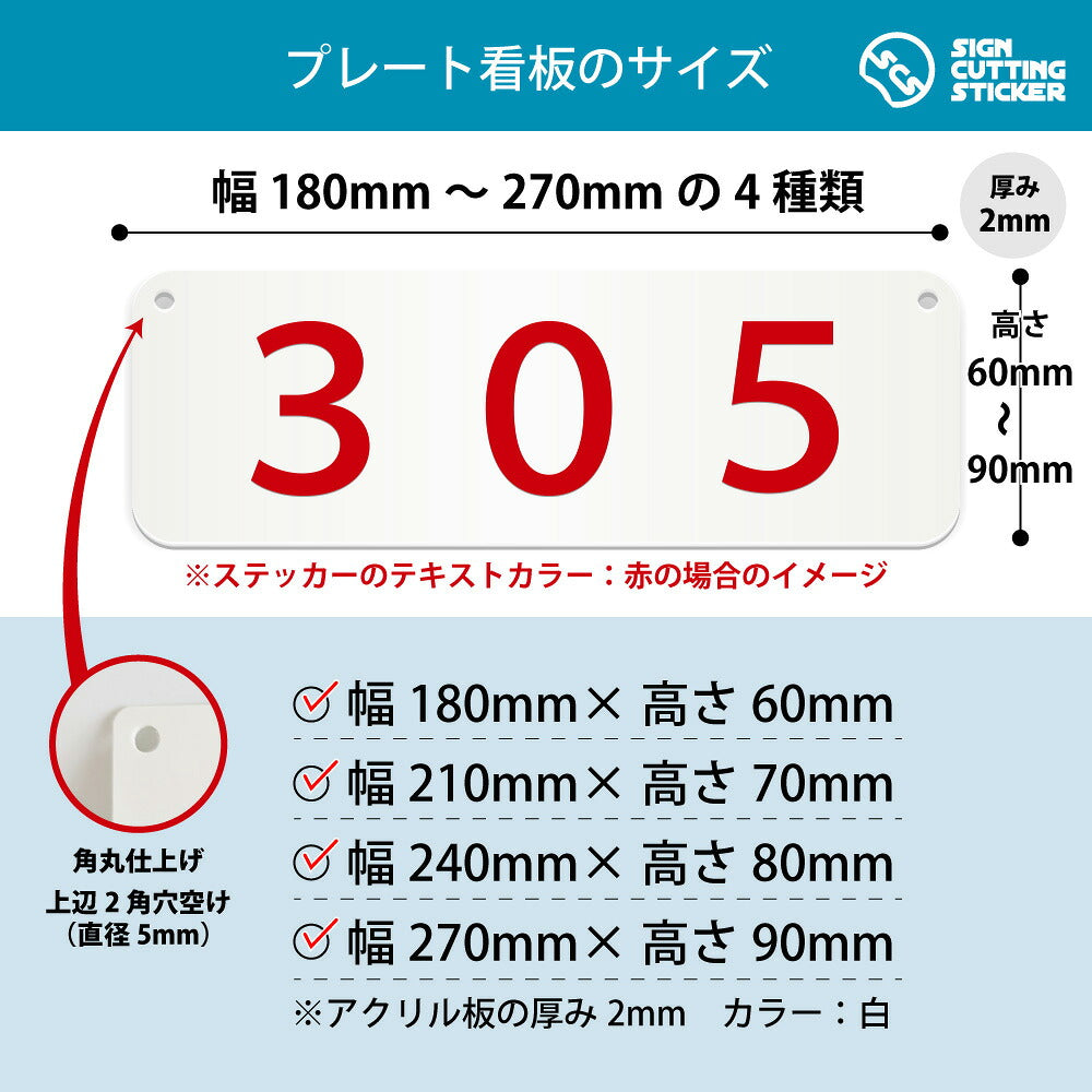 305部屋番号 横長プレート看板 寸法図 幅180〜270mm 高さ60〜90mm 厚み2mm 角丸・穴あけ加工済み