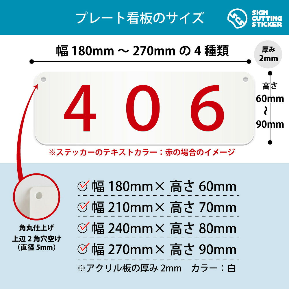 406部屋番号 横長プレート看板 寸法図 幅180〜270mm 高さ60〜90mm 厚み2mm 角丸・穴あけ加工済み