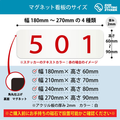 501 部屋番号 横長マグネット看板 寸法図 幅180〜270mm 高さ60〜90mm 厚み2mm 裏面マグネット