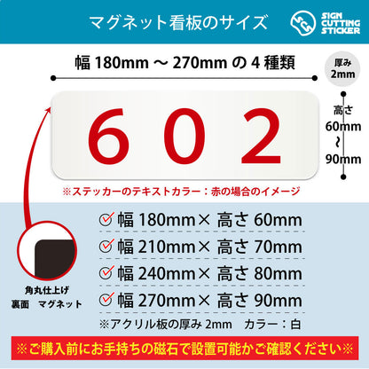 602 部屋番号 横長マグネット看板 寸法図 幅180〜270mm 高さ60〜90mm 厚み2mm 裏面マグネット