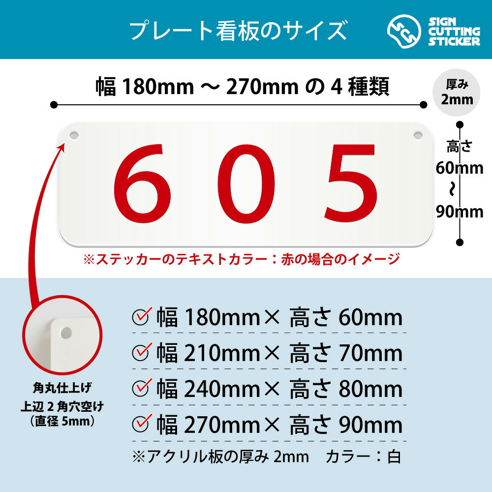 605部屋番号 横長プレート看板 寸法図 幅180〜270mm 高さ60〜90mm 厚み2mm 角丸・穴あけ加工済み