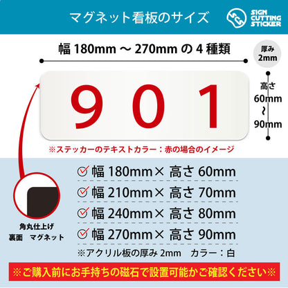 901 部屋番号 横長マグネット看板 寸法図 幅180〜270mm 高さ60〜90mm 厚み2mm 裏面マグネット