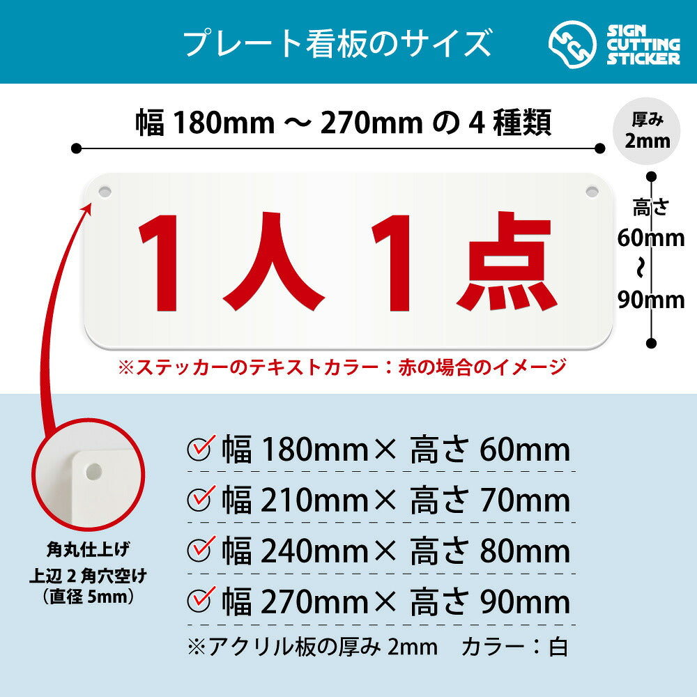 1人1点 横長プレート看板 寸法図 幅180〜270mm 高さ60〜90mm 厚み2mm 角丸・穴あけ加工済み