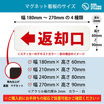 返却口← 横長マグネット看板 寸法図 幅180〜270mm 高さ60〜90mm 厚み2mm 裏面マグネット