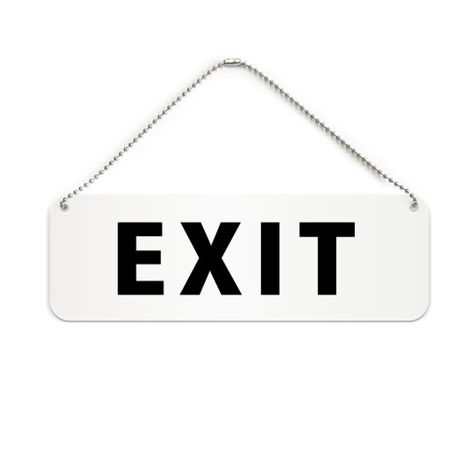 EXIT と書かれた横長プレート看板（白いアクリル板・黒文字）