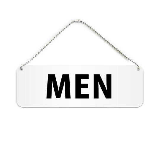 MEN と書かれた横長プレート看板（白いアクリル板・黒文字）
