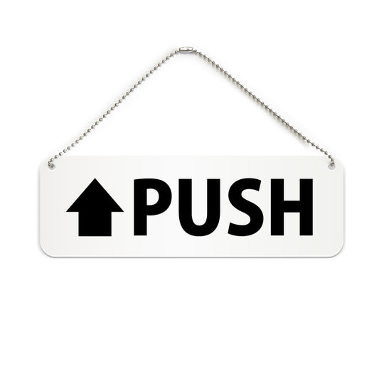 PUSH と書かれた横長プレート看板（白いアクリル板・黒文字）