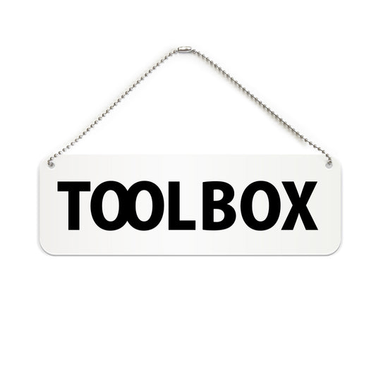 TOOL BOX と書かれた横長プレート看板（白いアクリル板・黒文字）