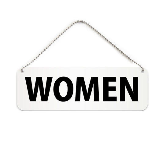 WOMEN と書かれた横長プレート看板（白いアクリル板・黒文字）