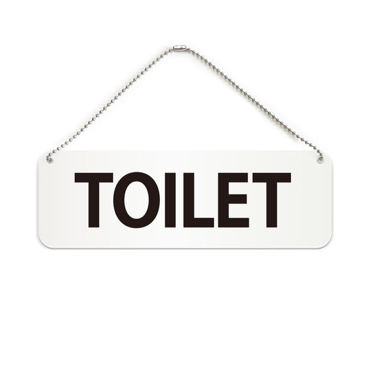 TOILET と書かれた横長プレート看板（白いアクリル板・黒文字）