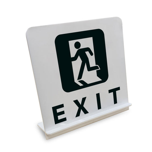 EXIT と書かれたスタンド看板（白いアクリル板・黒文字）
