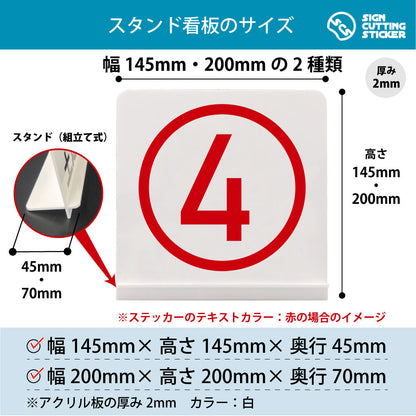 数字 4 スタンド看板 寸法図 幅145mm・200mm 奥行45mm・70mm 厚み2mm 組み立て式
