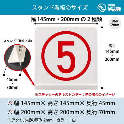 数字 5 スタンド看板 寸法図 幅145mm・200mm 奥行45mm・70mm 厚み2mm 組み立て式